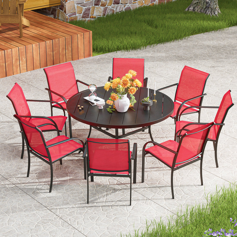 Round Patio Dining Set for 8 - Round Table with Umbrella Hole, 8 Stackable Chairs, Red