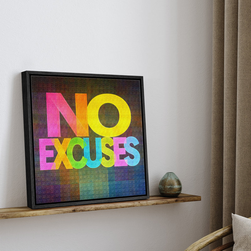 Œuvre d'art typographique colorée «No Excuses», citation inspirante moderne, impression sur toile encadrée, H 24 po x l 24 po