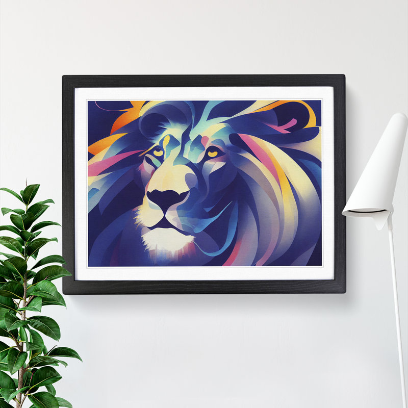 Animated Lion Abstract - Single Picture Frame Print, 25cm H x 34cm W x 2cm D, Black Framed