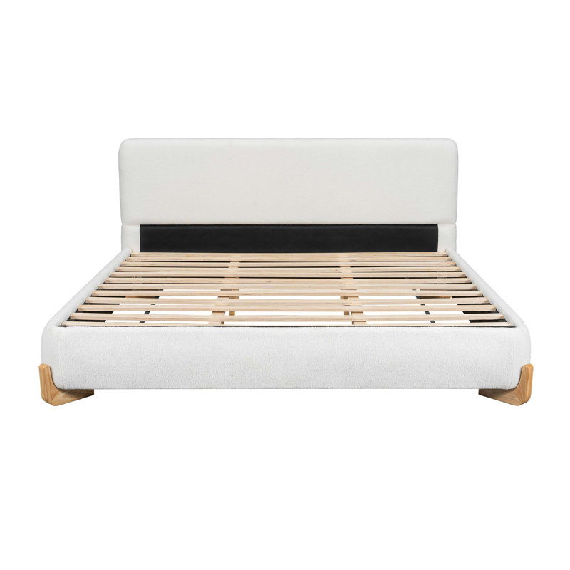Upholstered Platform Bed Frame, King, White/Natural