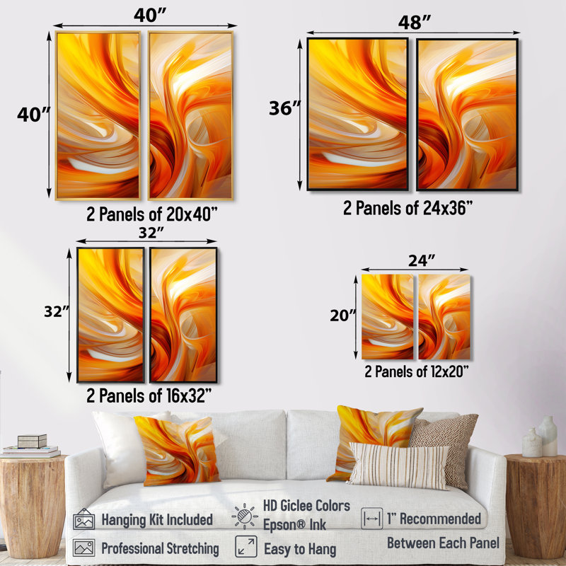 Conception abstraite orange chaleureuse fractale VII - 2 panneaux de décoration murale orange, 36" H x 48" W, Wrapped Canvas