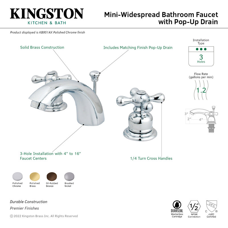 Kingston Brass Victorian Two-Handle 3-Hole Deck Mount Mini-Widespread Bathroom Faucet with Plastic Pop-Up, Oil Rubbed Bronze