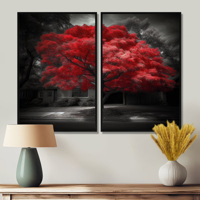 Red Tree Blossom Haven II - Red Modern Wall Art 2 Panels