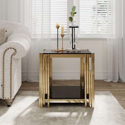 Superbe table de bout carrée de 20 po avec verre noir et acier inoxydable doré, pour les pieds de chambre à coucher en acier trempé moderne