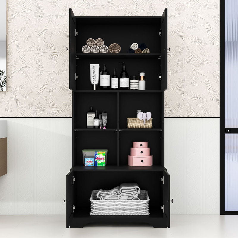 Wood Freestanding Bathroom Storage Cabinet with Adjustable Shelves and Multi-Layer Open Shelves, Black