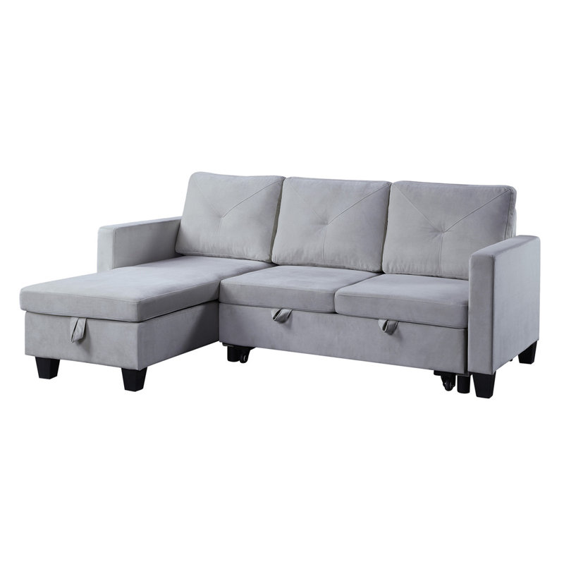 82.5"W Light Gray Velvet Reversible Sleeper Sectional Sofa With Storage Chaise, Light Gray Velvet