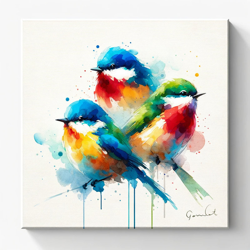 Trois oiseaux colorés sur toile tendue à l'aquarelle, H 12 po x l 12 po x P 1 po