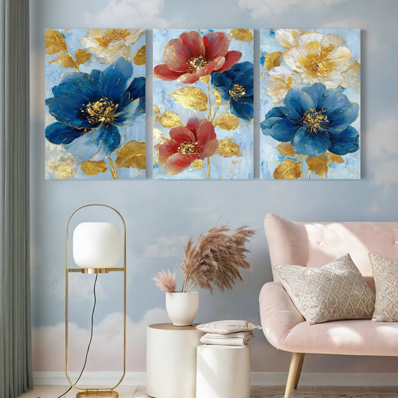 «Blue and Gold Floral», reproduction d'art sur toile tendue sur toile (ensemble de 3), H 30 po x l 60 po