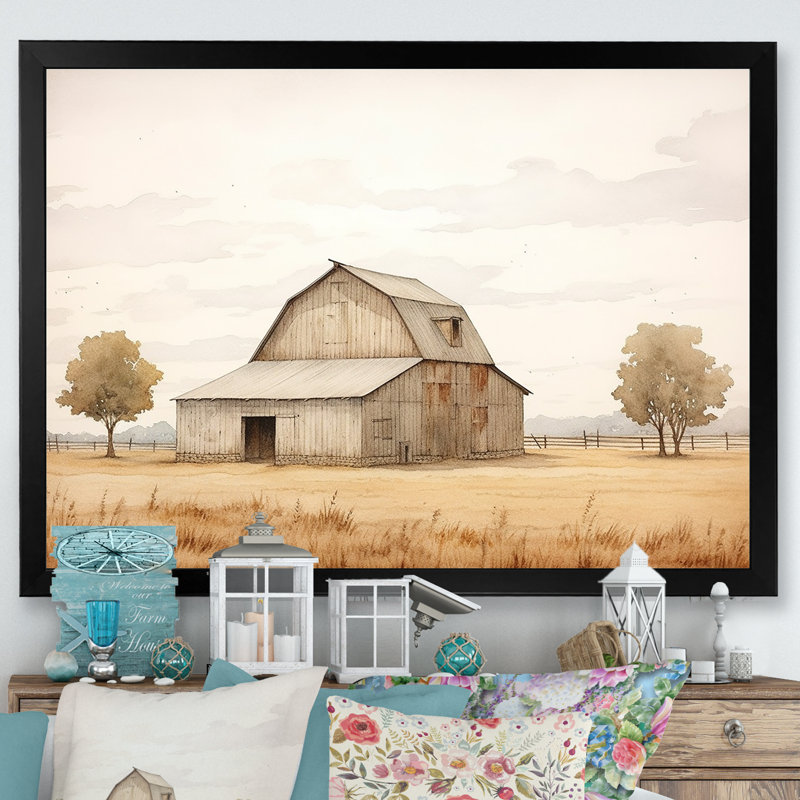 " Barn Scenery Minimalism Landscape I ", Black Picture Framed, 34" H x 44" W x 1.5" D