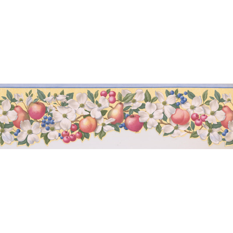 Bordure de papier peint à motif de fruits, poire, cerise, pêche, bleuet et fleurs