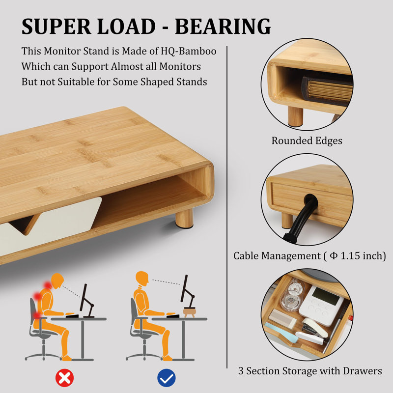 Support pour écran avec tiroir, support pour écran d'ordinateur exquis pour bureau, support pour écran ergonomique en bois