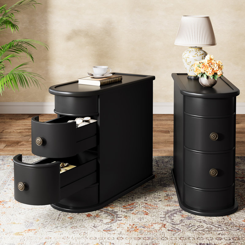 Wood End Table Set, 2-Drawer, No Assembly Required, Black