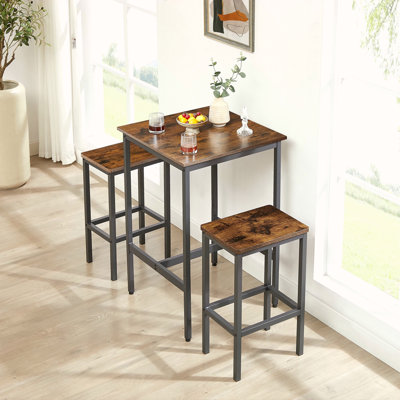 Ensemble de table de bar, table de bar carrée avec 2 chaises de bar, chaises de bar de style industriel pour la table de petit-déjeuner, bar, salon, salle de banquet, économie d'espace, brun rustique et noir, l 23,6 po x l 23,6 po x H 35,4 po.