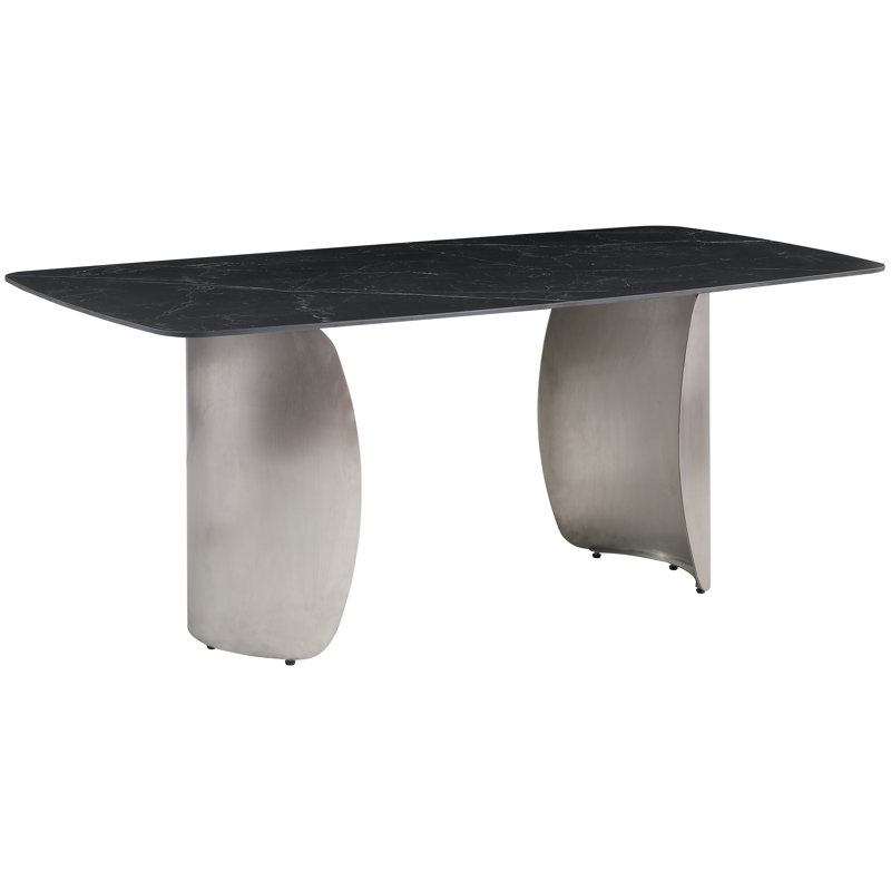 Niya 71" Stone Dining Table, Black, Brushed Silver