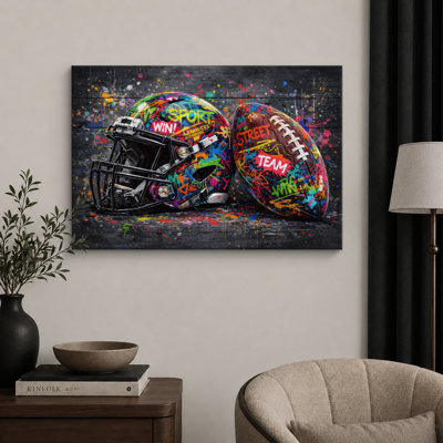 Colorful Football Helmet And Ball Graffiti Sports Artwork, Game Room Pictures, Framed Canvas Giclee Print Wall Art