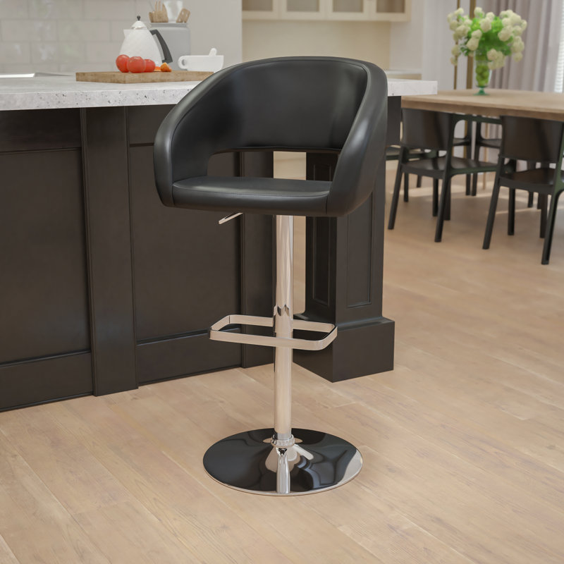 Contemporary Vinyl Adjustable Height Barstool with Rounded Mid-Back, Black, Chrome