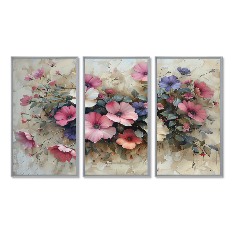 Rose et blanc, pétunia floral - ensemble d'art mural pétunias, Toile argentée avec cadre flottant, H 32 po x l 48 po x P 1 po