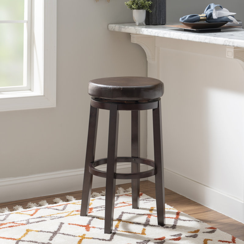 Baylis Swivel Upholstered Stool with Solid Wood Frame, Bar Stool (31” Seat Height), Faux Leather-Brown
