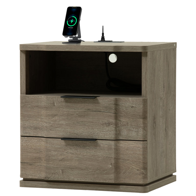 Sculptural Curved Drawer Two-drawer Nightstand with Open Shelf Built-in Outlets USB Type-C Charging Station, 1