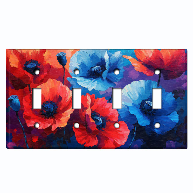 Couvercle de plaque d'interrupteur en métal; Bascule à 4 bandes standard des États-Unis - Fleurs de pavot de style aquarelle