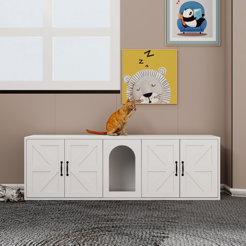 Litière moderne avec deux compartiments pour 2 chats, bois blanc et meubles de ventilation Deux pièces en bois Merveilleuse fonctionnalité