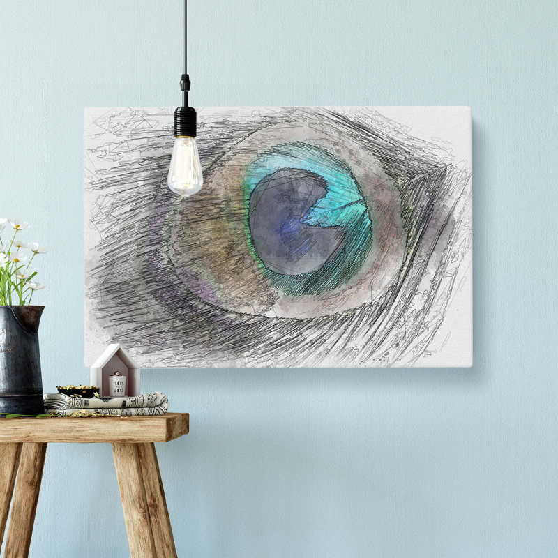 Delicate Peacock Feather In Abstract - Wrapped Canvas Print, 60cm H x 91cm W x 3cm D