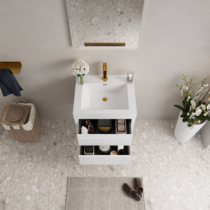 De meuble-lavabo mural blanc brillant avec plateau en résine de pierre et tiroirs de rangement à fermeture en douceur