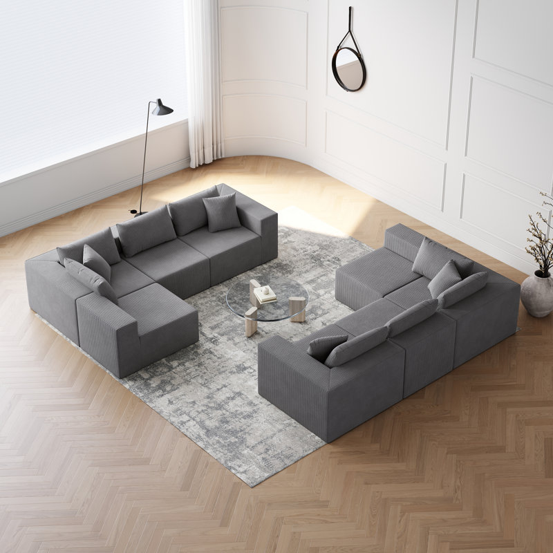 Liran Modular Corduroy Upholstered Sectional Sofa with Back Cushions, Gray Corduroy