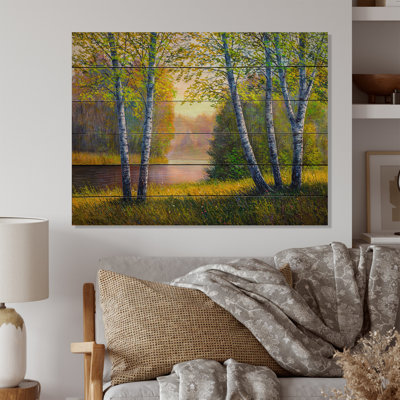 Rivière à travers la forêt de bouleaux - peinture sur bois sans cadre
