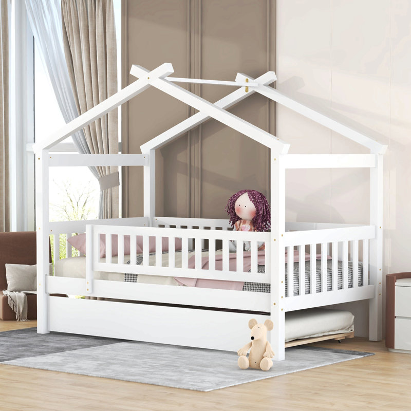 Lit simple en bois avec lit gigogne simple, blanc, Blanc