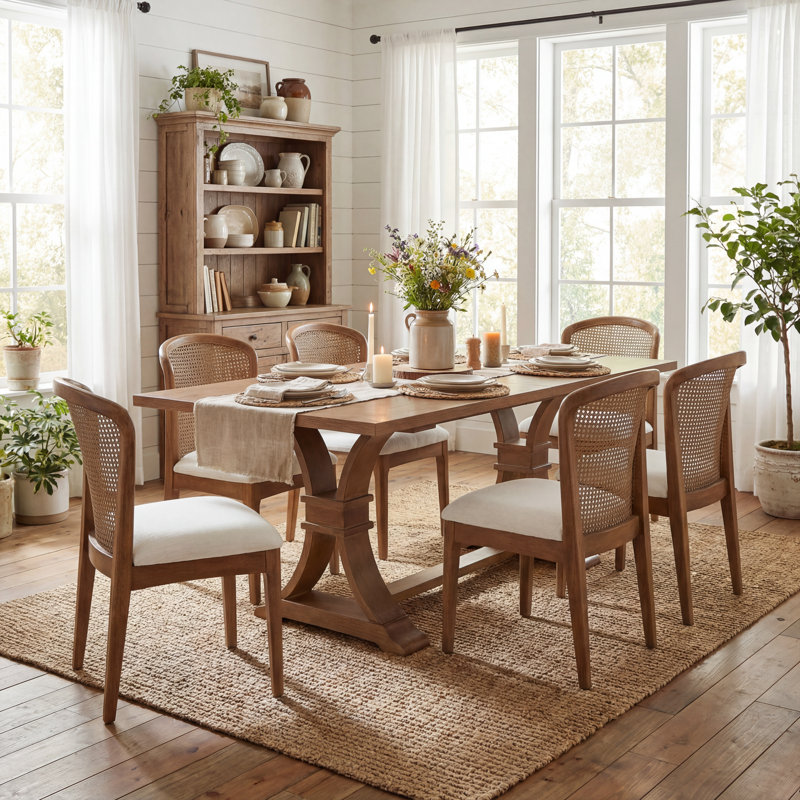 Danville 7-Piece Mid Century Modern Rubberwood Dining Table Set With Upholstered Seats, Walnut