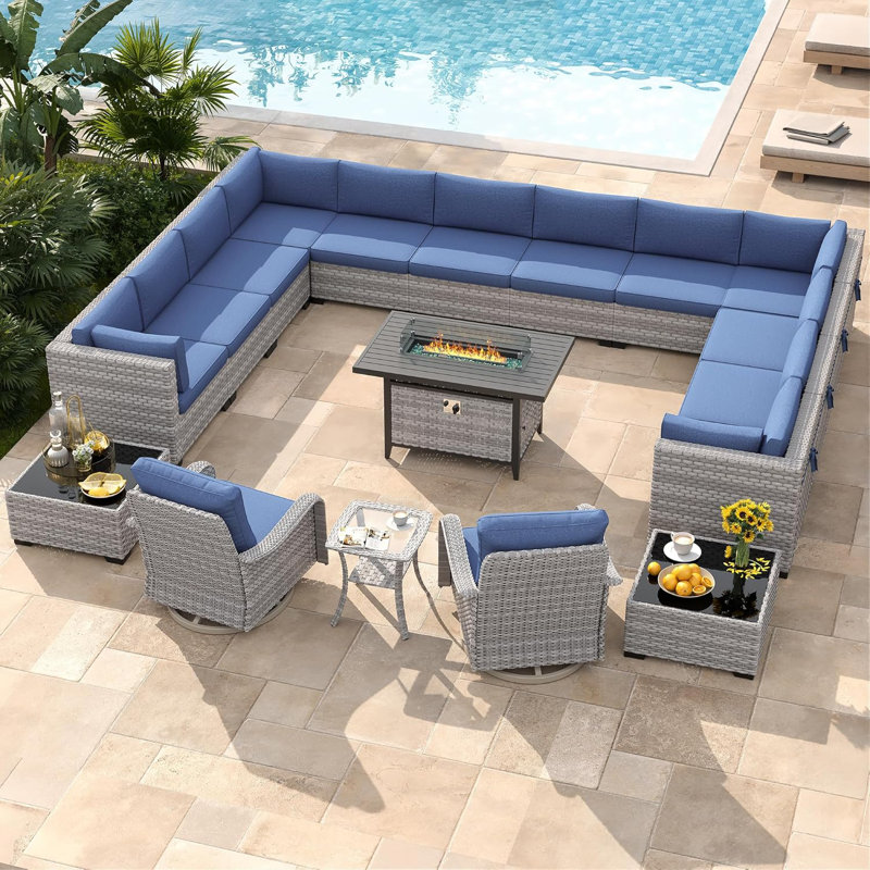 14 - Person Outdoor Wicker Patio Conversation Furniture Set with Fire Pit Table, Navy