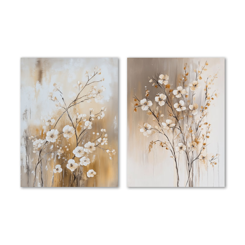 Branche de cerisier immobile I - Ensemble de 2 impressions sur toile Japandi, 32" H x 48" W, Wrapped Canvas