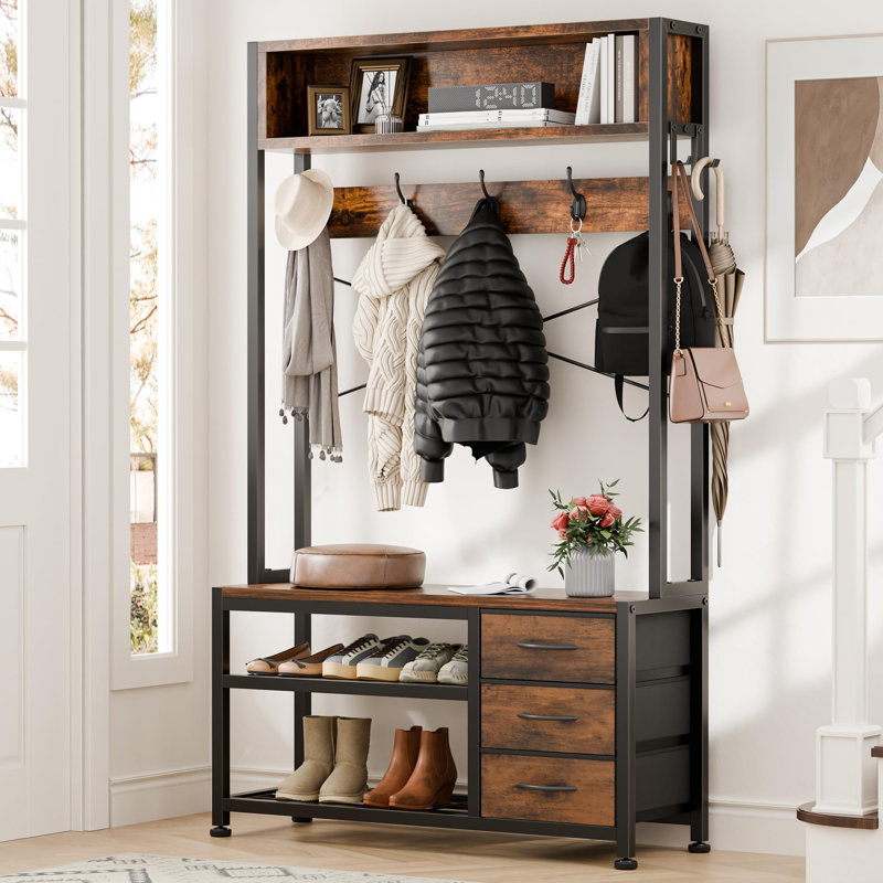 5-in-1 Entryway Bench Coat Rack with 12 Hooks and 3 Drawers, Rustic Brown