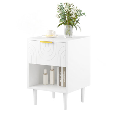 22.83'' H Modern White Nightstand With One Drawer And Open Shelf, Gold - Accented Handle, Ideal For Bedroom Decor
