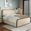 Grand lit beige moderne en métal avec revêtement incurvé, 4 tiroirs de rangement, support robuste avec tête de lit rembourrée