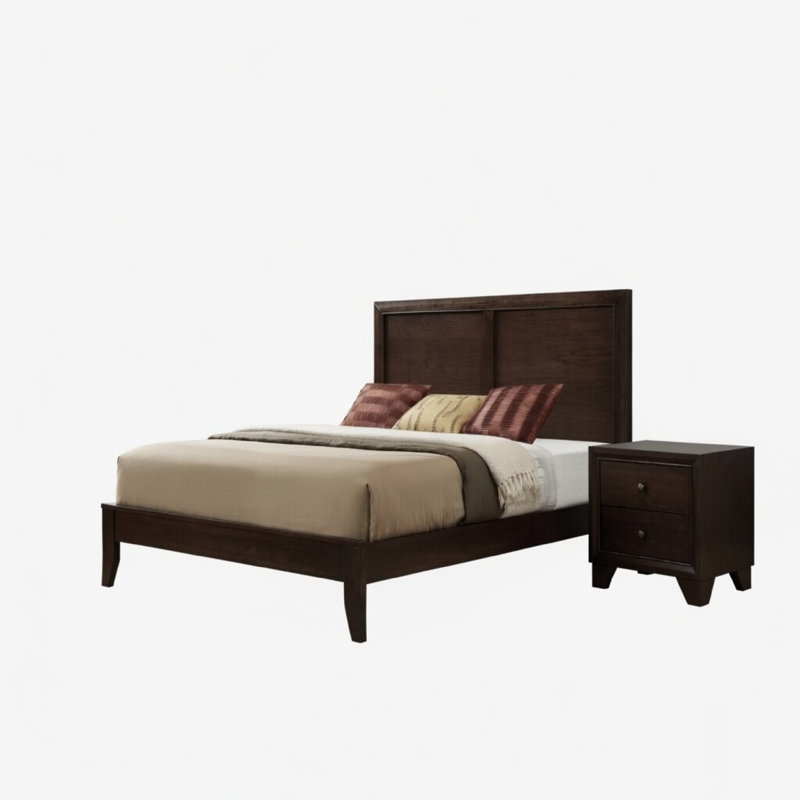 Ensemble de chambre à coucher grand lit, finition brune, ensemble 2 pièces avec lit et table de chevet