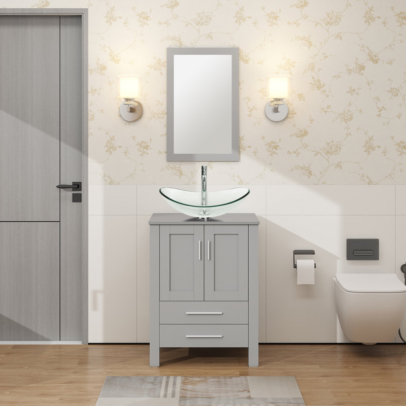 Ensemble de meuble-lavabo simple 24 po Allexus, Transparent, Gris, Argent argent