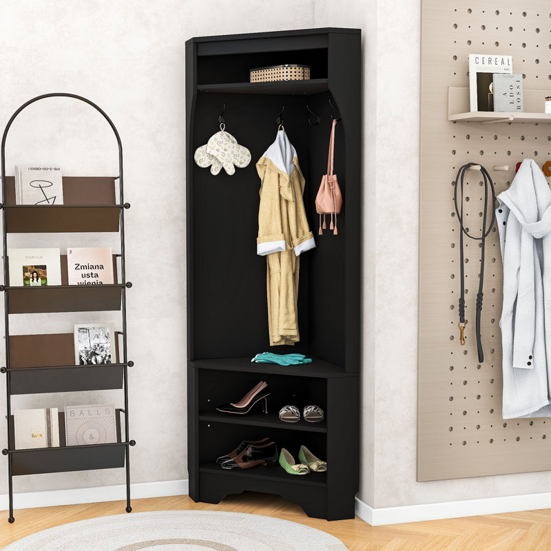 Space-Saving Corner Hall Tree with 4 Hooks, Built-In Shoe Bench and Shelf, Black