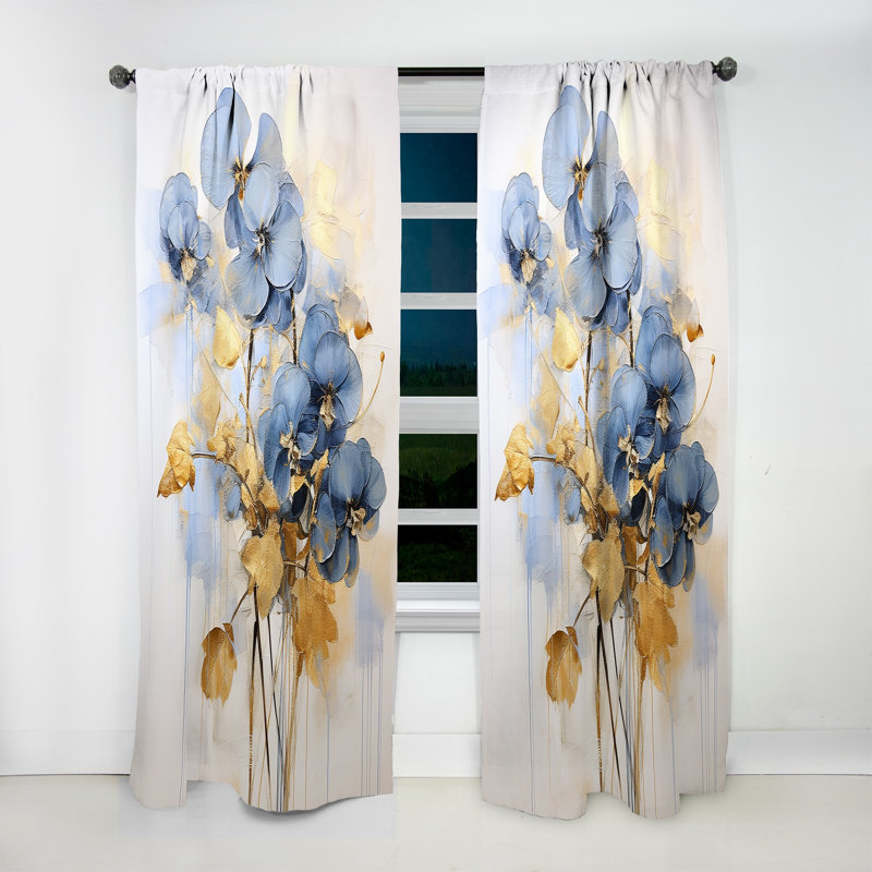 Dylnn Blue and Gold Minimalism Violets I - Traditional Velvet Curtain - Room Darkening - 1 Panel, 52" W x 108" L