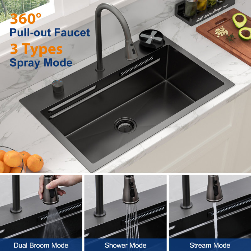 31 in. Waterfall Drop-In Kitchen Sink SUS304 Stainless Steel Single Bowl Kitchen Sink with Dual Ledge Workstations and Faucet Combo