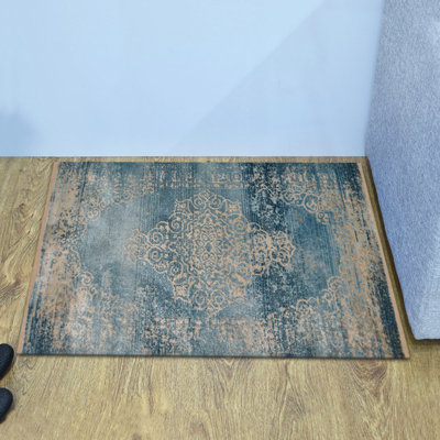 MACHINE MADE POLYESTER AREA RUGS  - Rectangle | Blue | Oriental Design, Low Pile Machine Made Area Rugs for Living Room, Bed Room