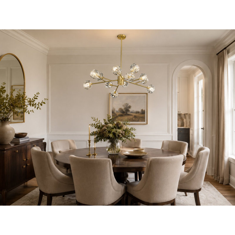 Lustre en or 12 lumières avec abat-jour en cristal transparent, Or, 12