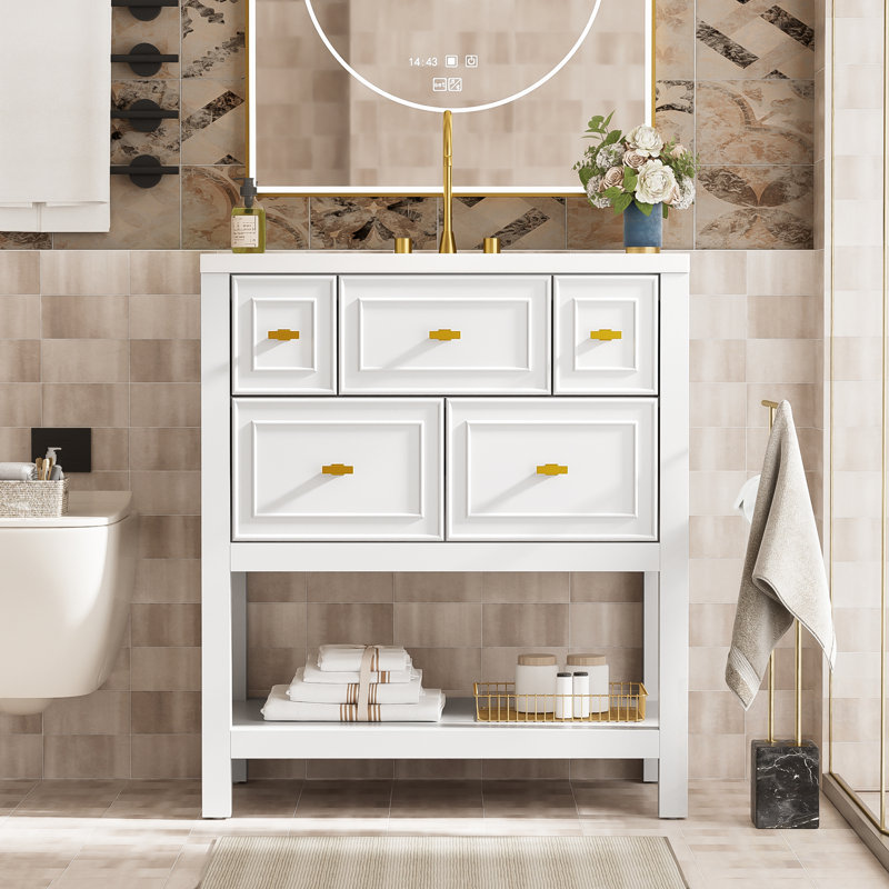 Meuble-lavabo avec lavabo et 5 tiroirs, Blanc