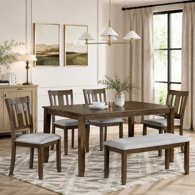 6 Piece Wooden Dining Set with Rectangular Table, 4 Upholstered Chairs, and Bench, Perfect for Family Gatherings and Modern Interiors