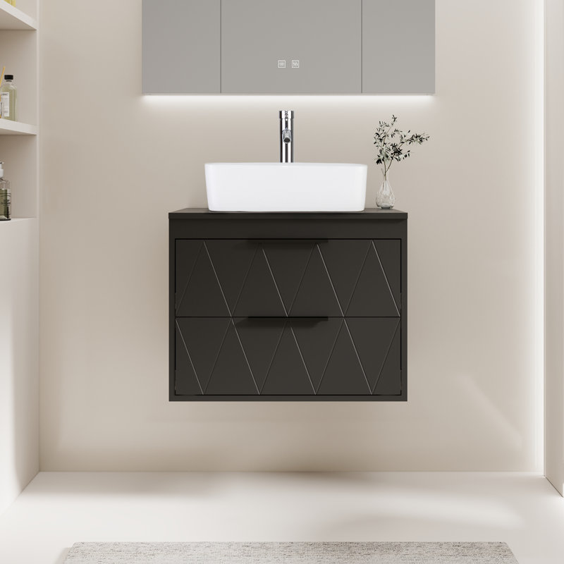 Sharee 24" Wall Mount Bathroom Vanity With Vessel Sink, Black, Rectangular