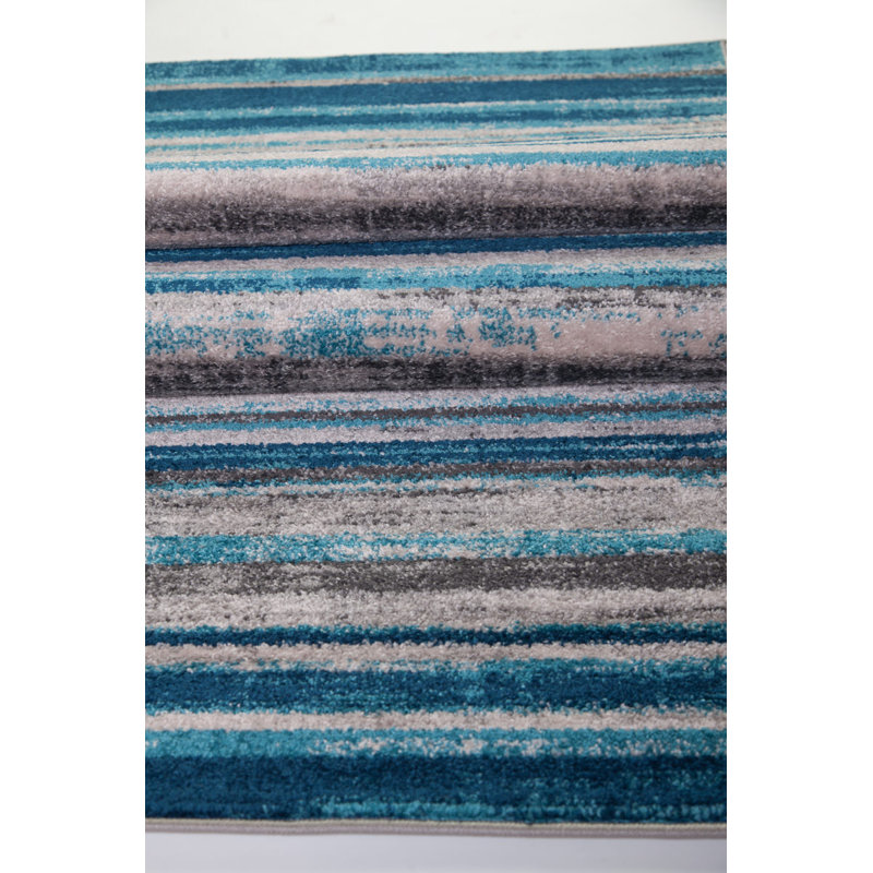 Rayures bleu sarcelle/gris tapis décoratif Crossett, Rectangle 5 pi 3 po x 7 pi 6 po