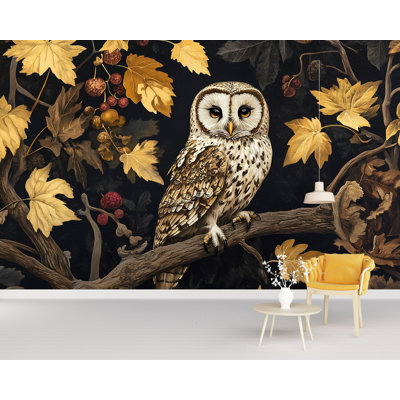 Autumn Owl Wallpaper - Detailed Forest Bird On Branch With Fall Leaves And Berries, Vintage Woodland Animal Mural For Living Room Or Library Accent Wall