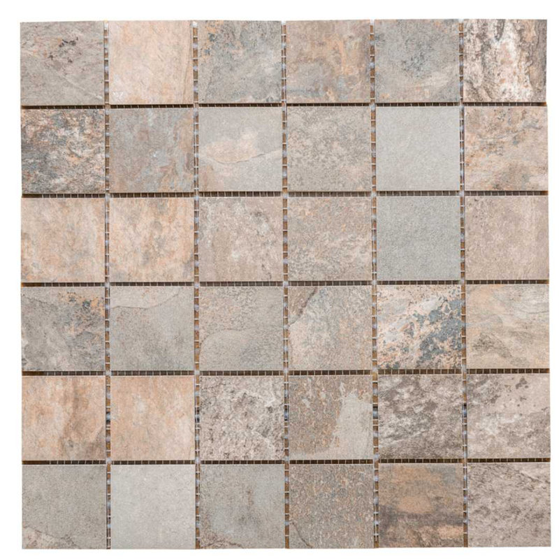 Wells Stone Slate 2" x 2" Matte Porcelain Mosaic Tile, Multi Brown