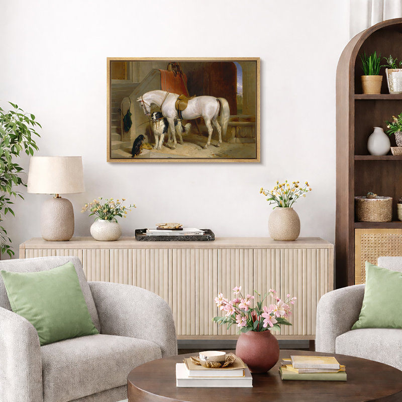 Illustration de cheval blanc et de chiens blancs, photos de l'entrée rustique, impression sur toile encadrée.